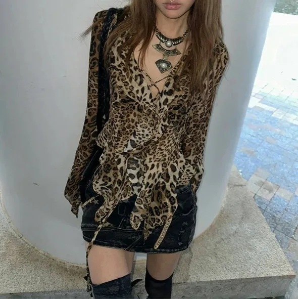 Women Y2K Leopard Print Sheer Blouse V Neck Ruffle Flared Long Sleeve Mesh Shirt Vintage Grunge Streetwear Tie Up Chiffon Top