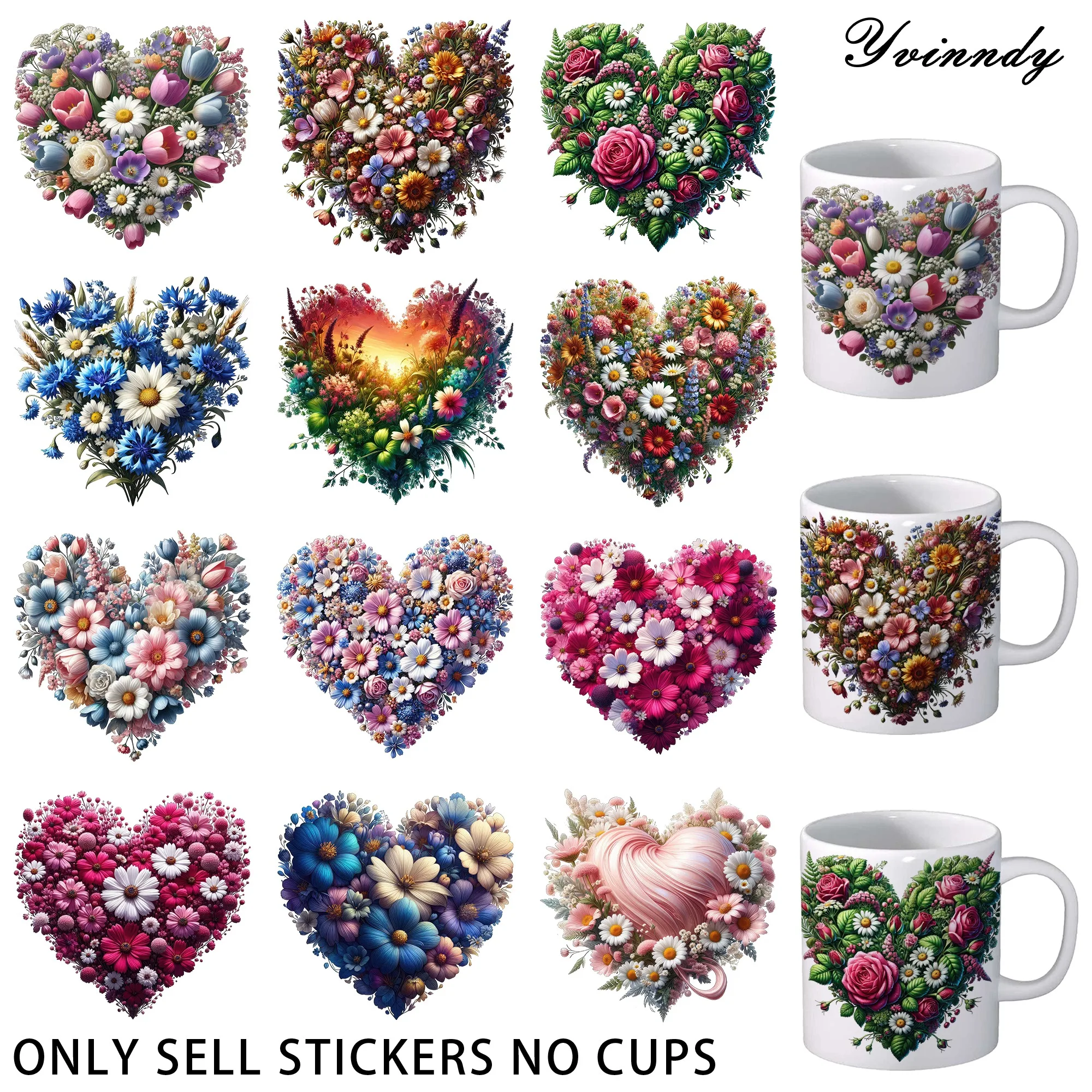 12 Stück Wildflower Heart UV DTF-Aufkleber – wasserfestes UV-DTF-Transferpapier für Kunst und Handwerk, DIY