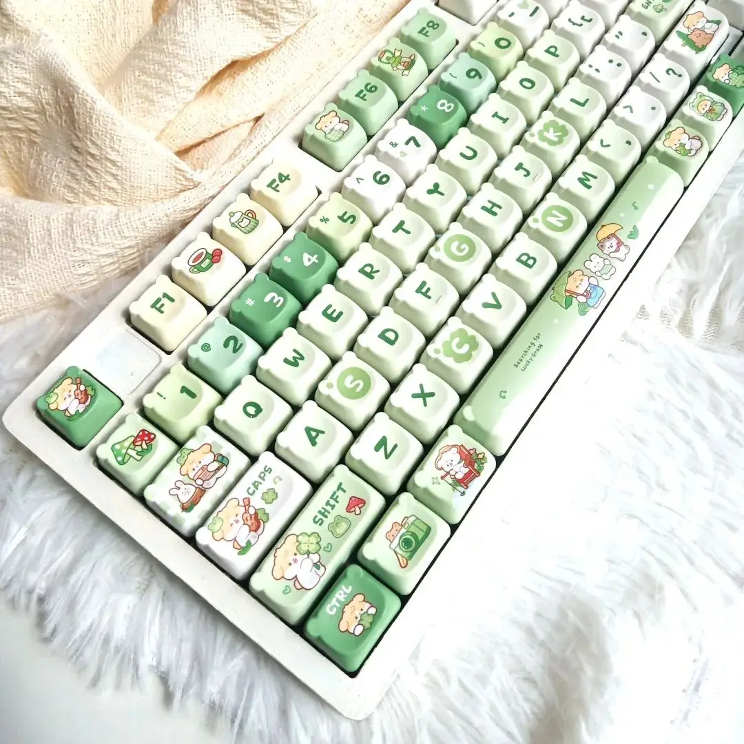 138Keys Cute Bear Head Keycap Green Spring Outing Puppy Theme EAO/Cherry Pbt Sublimation Machine Keyboard Diy Green Puppy Keycap