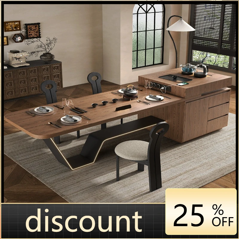 LH arc island dining table integrated high-grade solid wood dining table retractable walnut tea table
