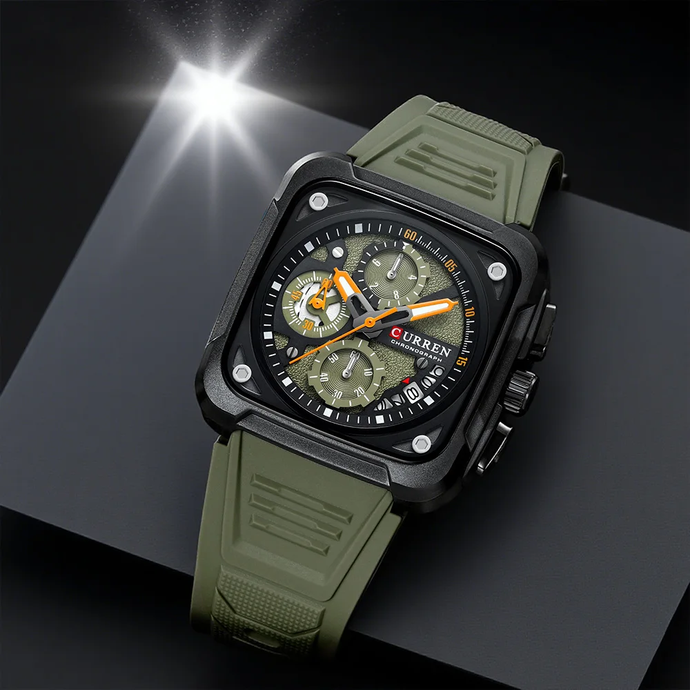 CURREN Vintage Men's Square Chronograph 42mm Triple Sub-Dial Military Style Silicone Strap Quartz Wristwatch Outdoor Style