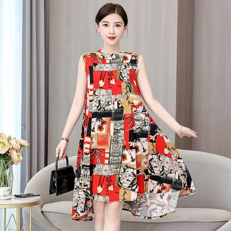 

Vintage Printing Loose Asymmetrical Floral Dress Women's Clothing 2024 Summer New Oversized Office Lady Sleeveless Dress