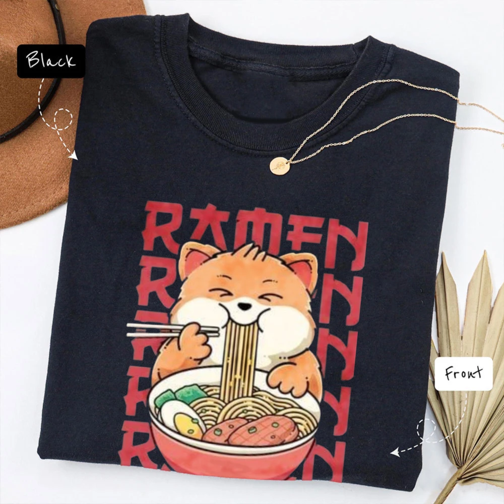 Shiba Inu Ramen Bowl Tee Cute Japanese Food Graphic Men Women Casual Shirt Kawaii Streetwear Tops Fashion Cotton Short-sleeve