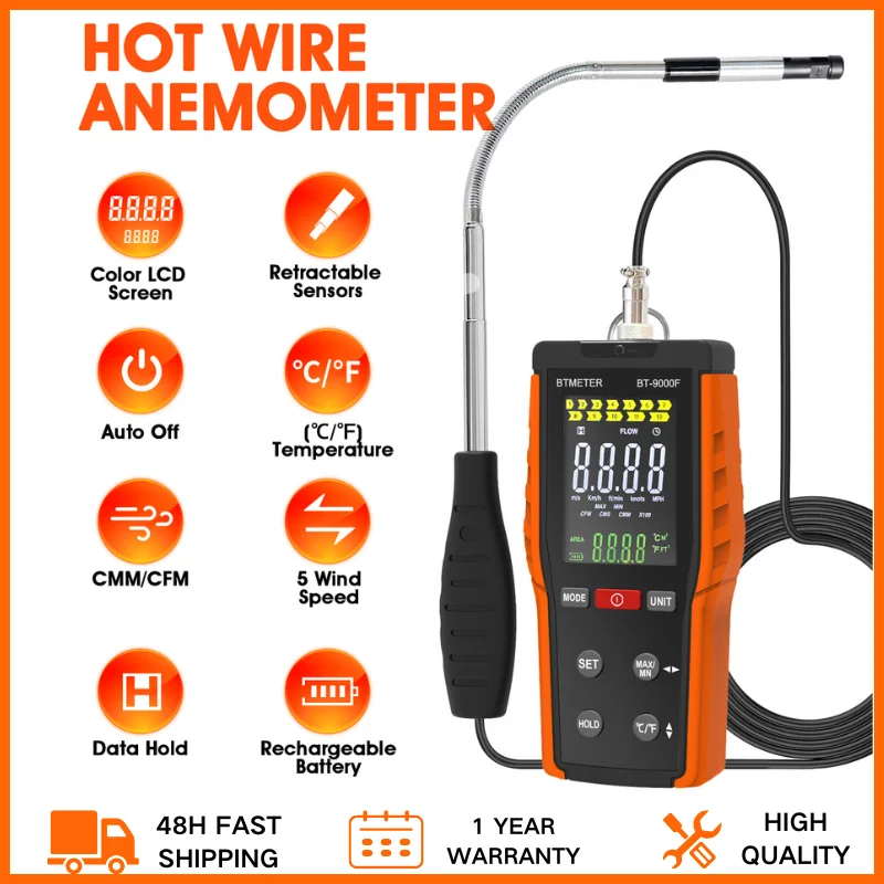 

BTMETERT Thermal Wind Gauge, Heat Wire Anemometer HVAC CFM Meter Measures Wind Speed, Temp (℃/℉), CMM/CMS/CFM with MAX/MIN