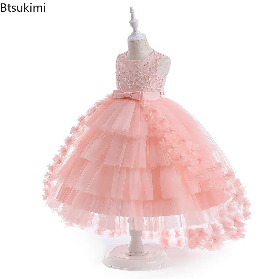 New Girls Princess Dress Beading Sleeveless Tailing Costume for Kids Birthday Party Wedding Bridesmaid Formal Evening Gown 4-12Y