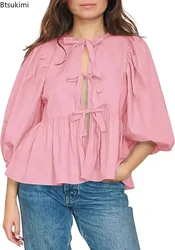 New 2026 Women's Spring Summer Sweet Cute Blouses Fashion Bow Tied Lace Up Puff Sleeve Loose Casual Hollow Out Tops Women Shirts