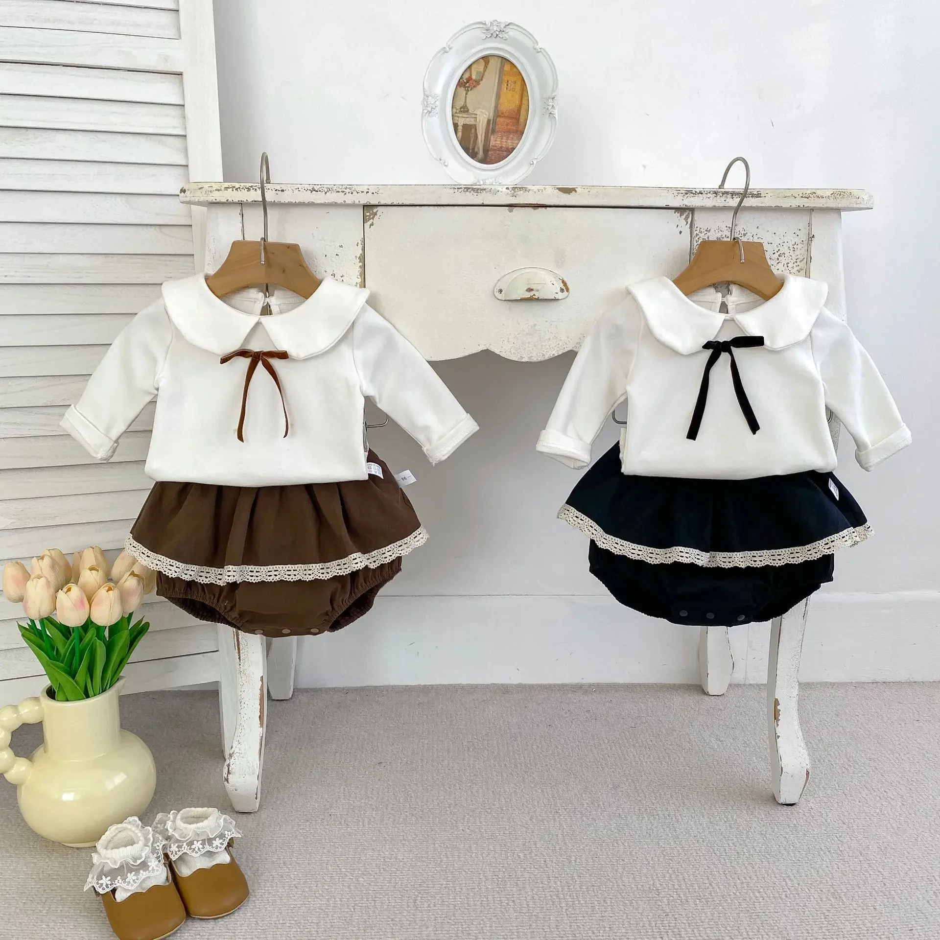 

0-3Y 2024 Autumn Baby Girls Clothes 2Pcs Set Infant Girls Bow Doll Collar Long-sleeved Blouse + Bloomer Lace Skirt Suit