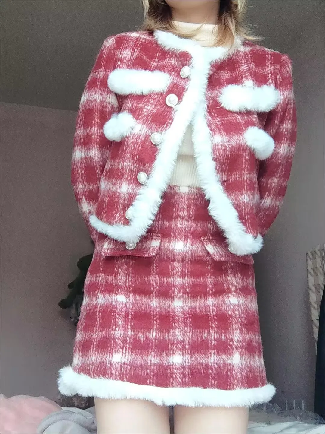 

Christmas Knot Day Atmosphere Checkered Coat With Skirt Suits Autumn/Winter Red Grid Hairy Small Fragrant Style Wool Set Lady