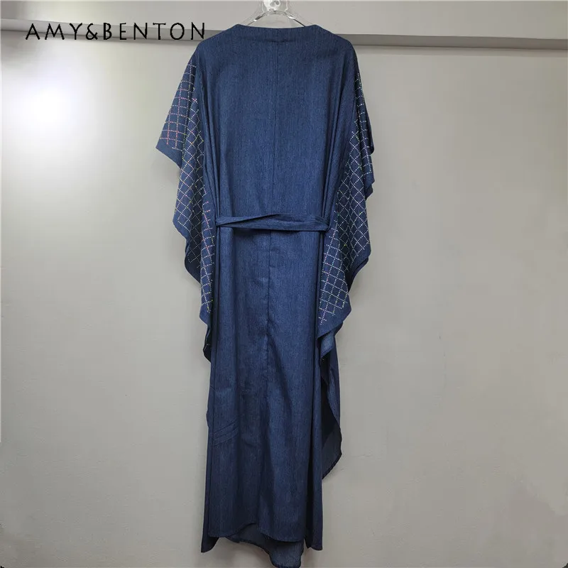 

Unique Design Elegant Dress Autumn New Women's Denim Dresses With Belt Y2k Loose V-neck Heavy Embroidery Flower Long Vestidos