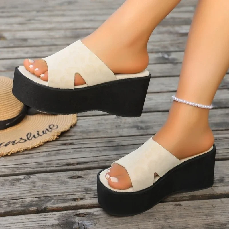 Women Sexy Leopard Print Wedge Slippers New Fashion Exposure Toe Hollow Out Thick Soled Female Shoes Casual Comfortable Sandals