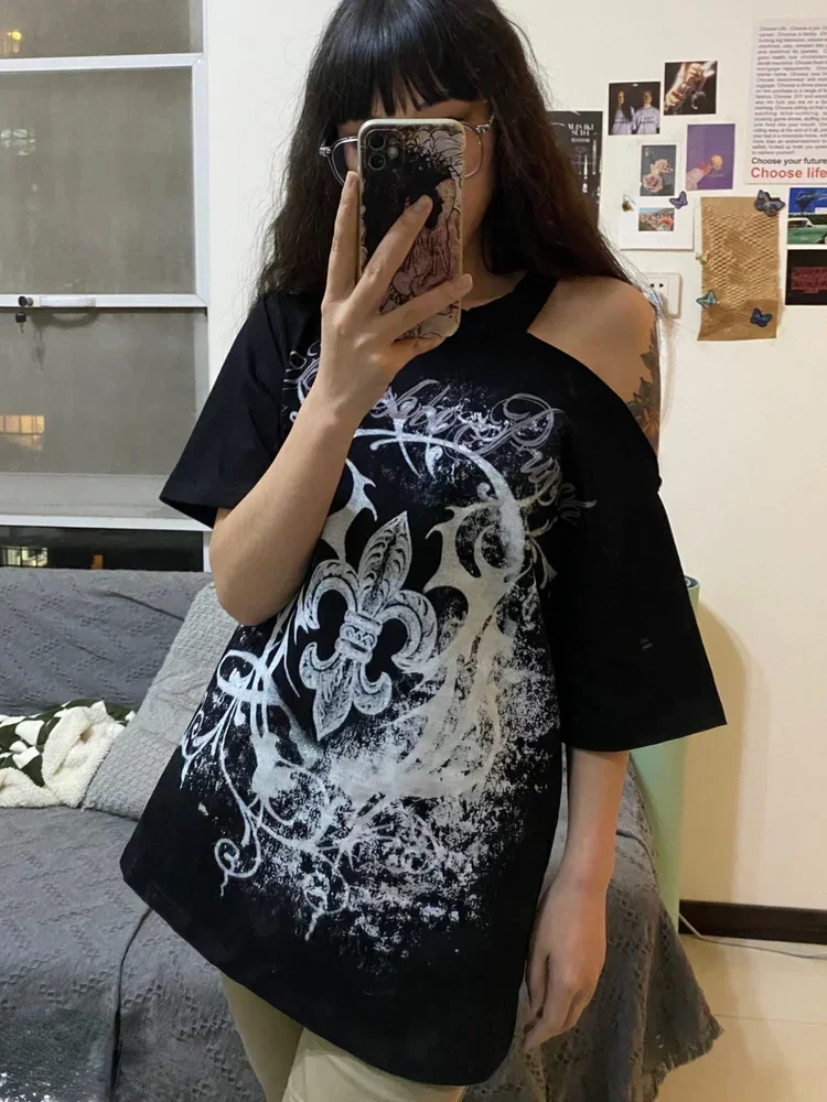 Grunge Off Shoulder T-Shirt Women Streetwear Hip Hop Goth Casual Harajuku Y2k Aesthetic Tops Tees Vintage Printed Clothes 2025