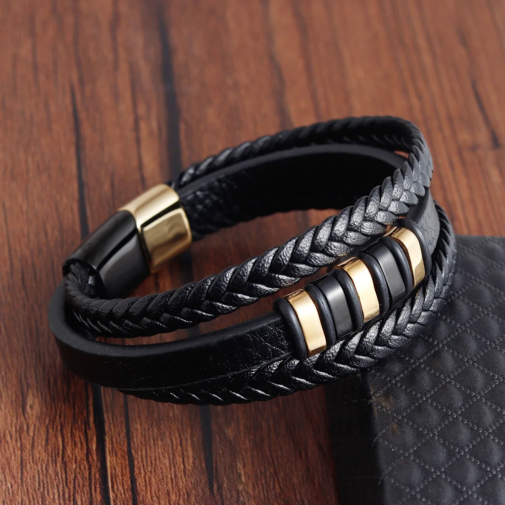 Retro Real Stainless Steel Jewelry 2024 Genuine Leather Bracelets Woven Accessories Wholesale