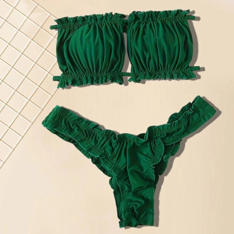 طقم ملابس السباحة النسائية المكشكشة بدلة السباحة النسائية بدون ظهر ملابس السباحة العصابة ملابس السباحة المنقسمة Y08C