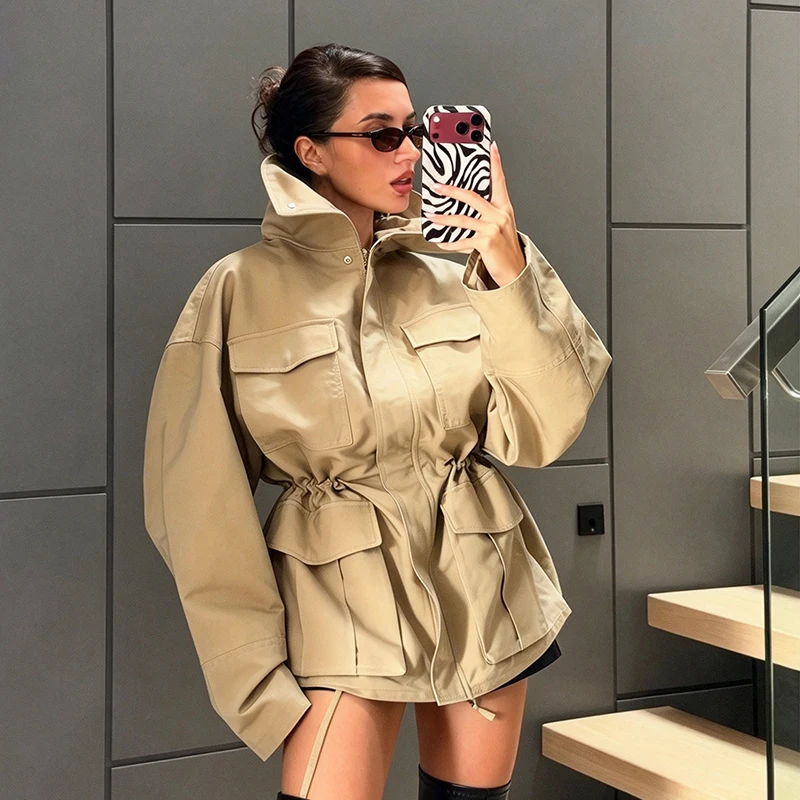 Women Oversized Utility Cargo Jacket Stand Collar Drawstring Cinch Waist Multi Flap Pockets Short Field Coat Casual Street Wear