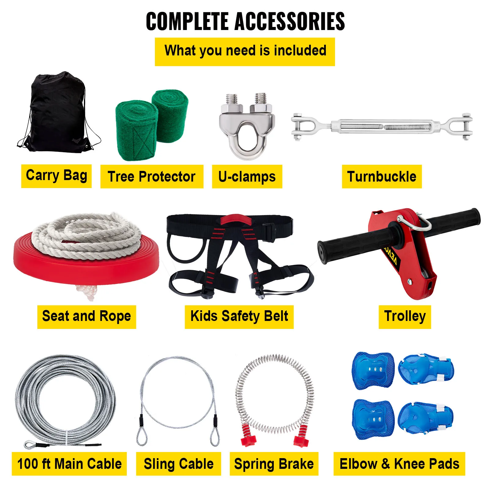 VEVOR 100FT Khóa Kéo Dòng Bộ Dụng Cụ Dùng Cho Sân Sau Đường Zip Dành Cho Trẻ Em Và Người Lớn, kèm Ghế Ngồi Xích Đu Đường Zip Phanh Và Thép Xe Đẩy