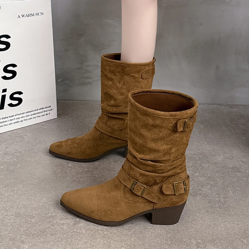 

New Style Women's Boots Vintage Pointed Toe Block Heel Plus Size Metal Belt Buckle Skinny Thigh Boots Scrub Leather Tall Boots