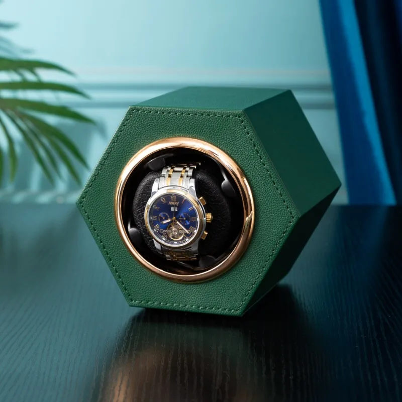 New Hexagonal Mini Single PU Watch Winder for Automatic Watches Watch Box Automatic Winder with USB Cable Two Adjustable Levels