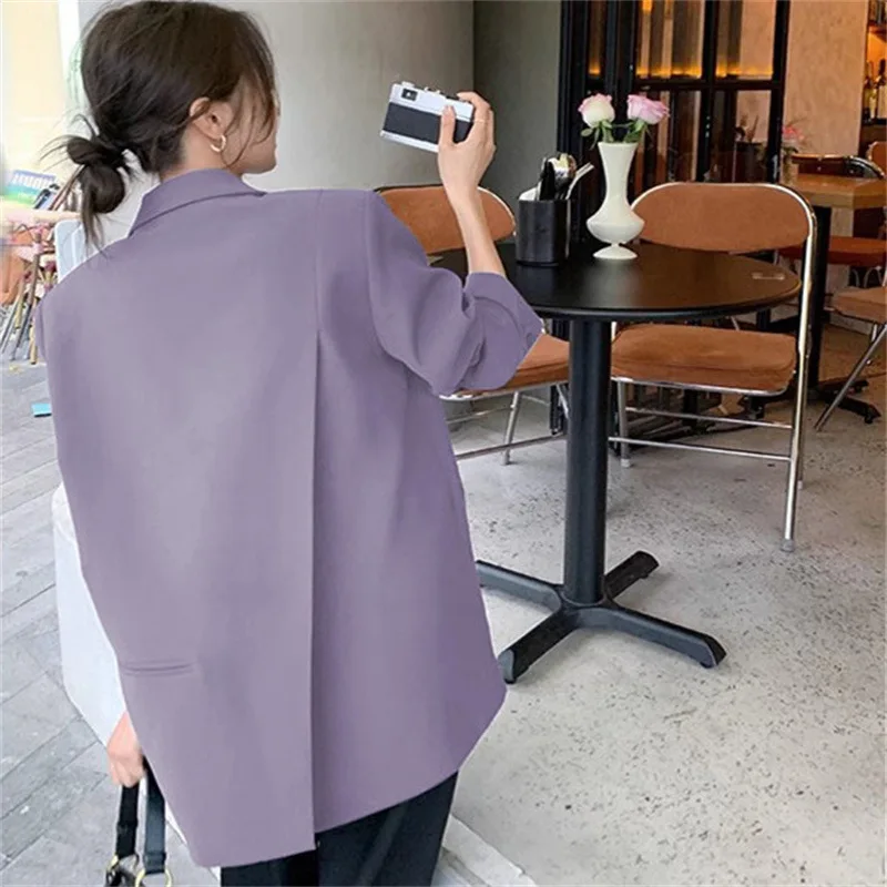 เสื้อสูทลำลองสไตล์สตรีททรงตรง แขนยาว กระดุมเดี่ยว สีพื้น ผ้าโพลีเอสเตอร์ สำหรับฤดูใบไม้ผลิและฤดูใบไม้ร่วง