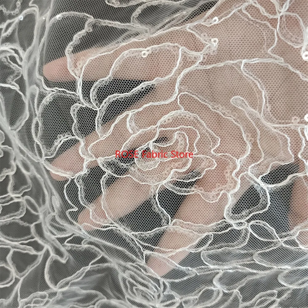 1 yard Ivory Allover Rose Flowers Embroidery Transparent Sequins Sparkly Lace Fabric For Wedding dress, gowns, DIY sewing