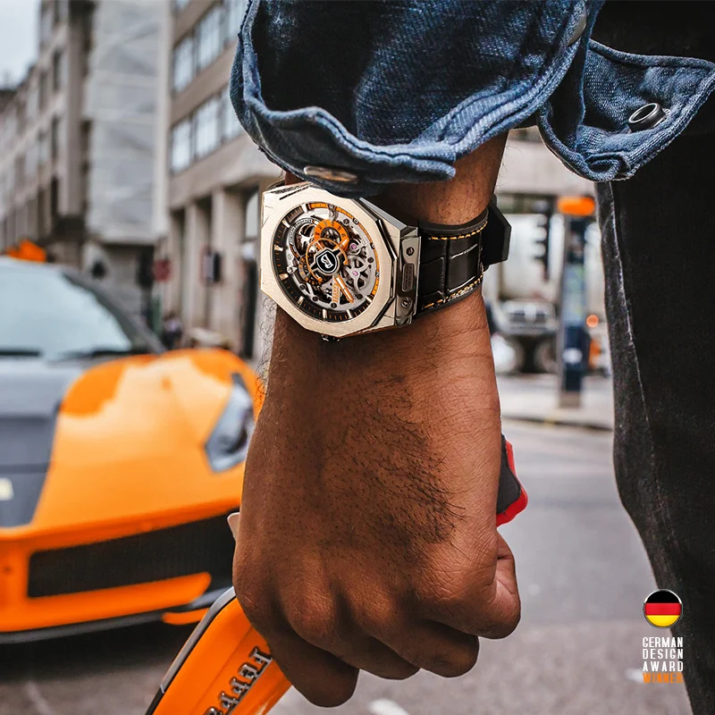 BONEST GATTI мужские часы немецкие автоматические механические скелетон светящийся модный кожаный ремешок BG7601-B