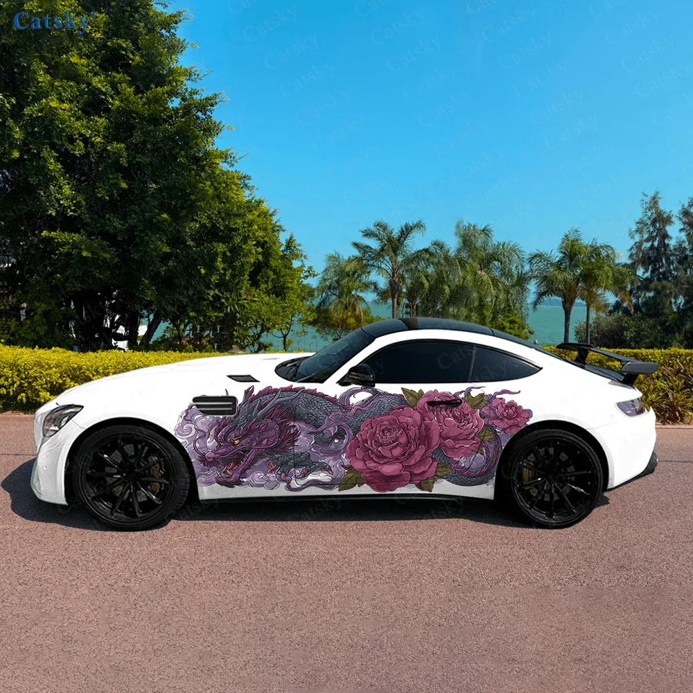Purple Dragon Flowers Car Side Sticker Decoration, PVC Waterproof Scratch Resistant Decal, Car Protection, Auto Accessories Gift