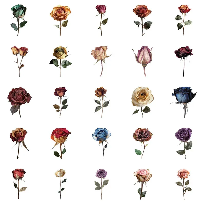 50 Stück getrocknete Rosen, dekorative Graffiti-Aufkleber, Gepäck, Notebook, Skateboard, Motorrad, PET, wasserfeste Aufkleber