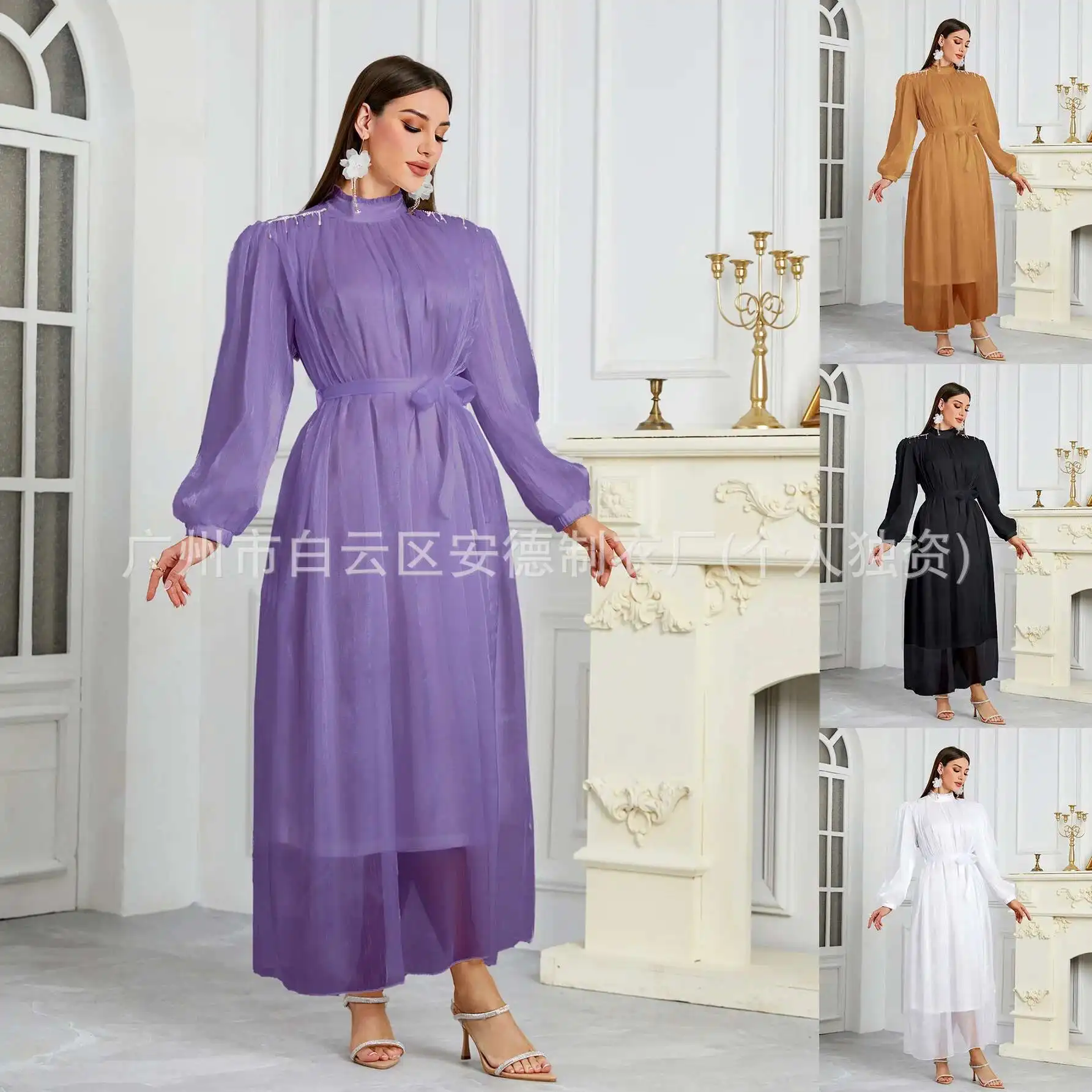 

Women's New Standing Collar Wrinkled Yarn Lantern Sleeve Waist Belt Handmade Nail Diamond Dress Dubai Luxury Islam Elegant