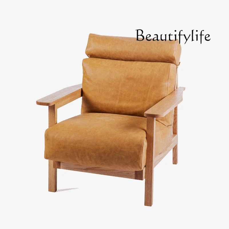 

Lazy sofa solid wood backrest leather art fabric living room single three person lunch break recliner sofa