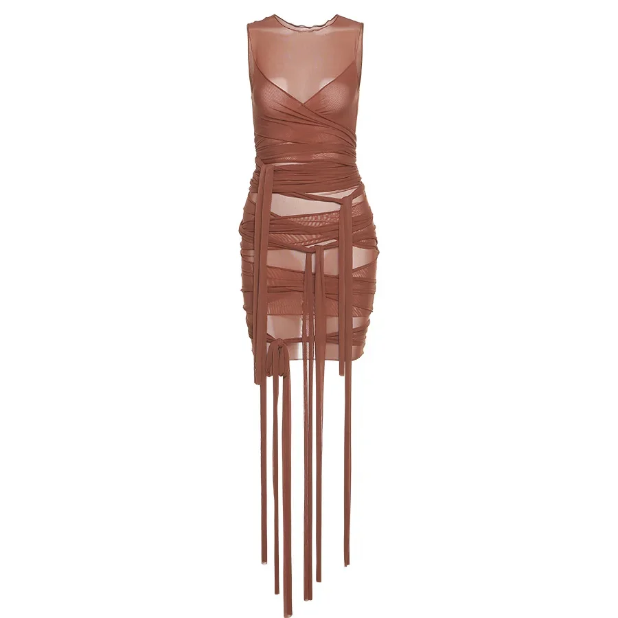 Bangniweigou Ribbon Wrap Up Draped Mesh See Through Bandage Dress Women  Mummy Tie Up Bodycon High Waist Short Brown Dresses - AliExpress