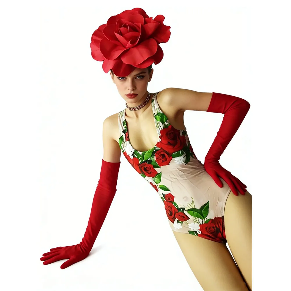 

Sexy Bar Nightclub Party Stage Costume Red Flower Headgear Printed Bodysuit Gloves Dance Outfit Women Dancer Team Performance