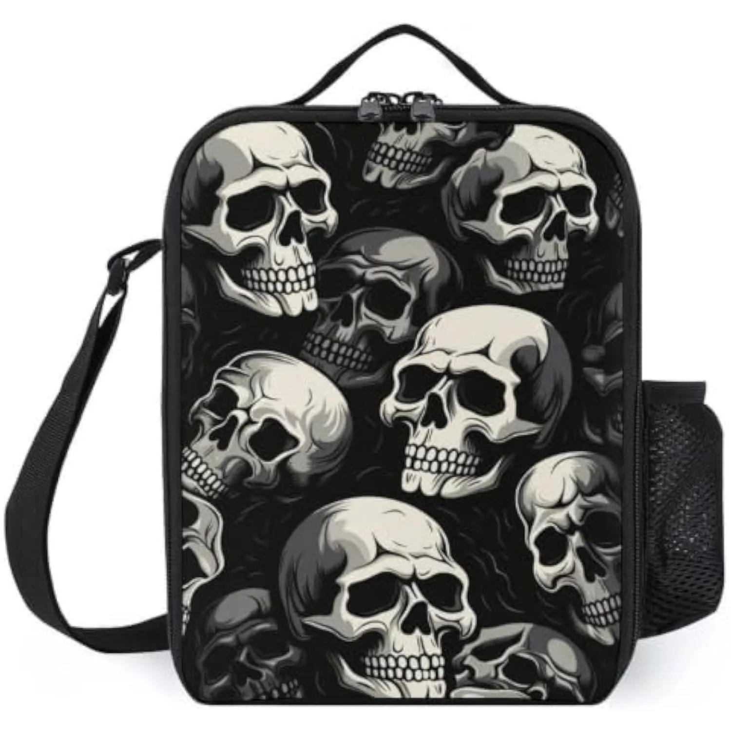 Gothic Skull Print Insulated Lunch Bag, Leak Resistant Thermal Cooler Tote with Adjustable Strap for Work Travel Picnic Office