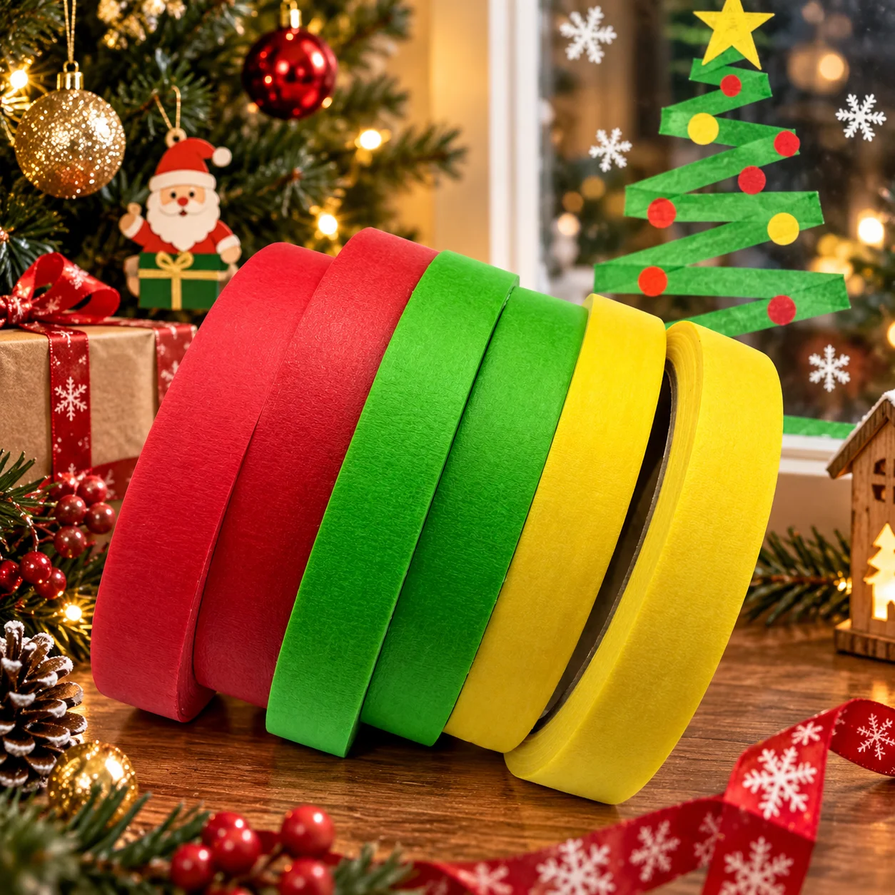 Christmas Masking Tape Red Green Yellow Colored Crepe Paper Adhesive Tape DIY Xmas Tree Window Wall Decoration Craft Supplies