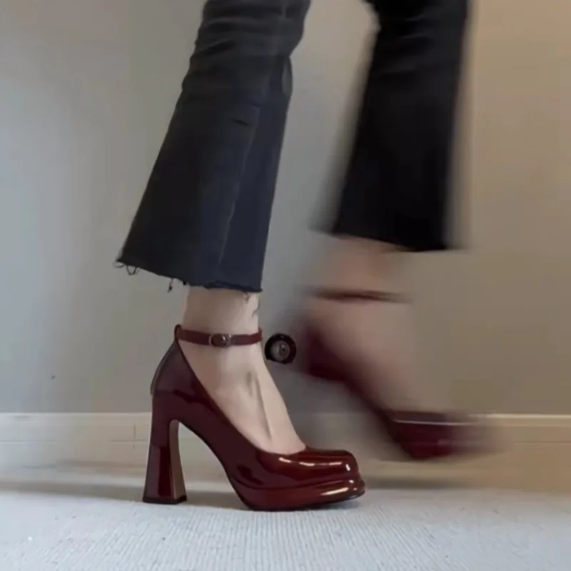 Super High Heel Single Shoes Autumn New Square Toe Patent Leather One-Strap Platform Non-Slip Block Heel Shoes