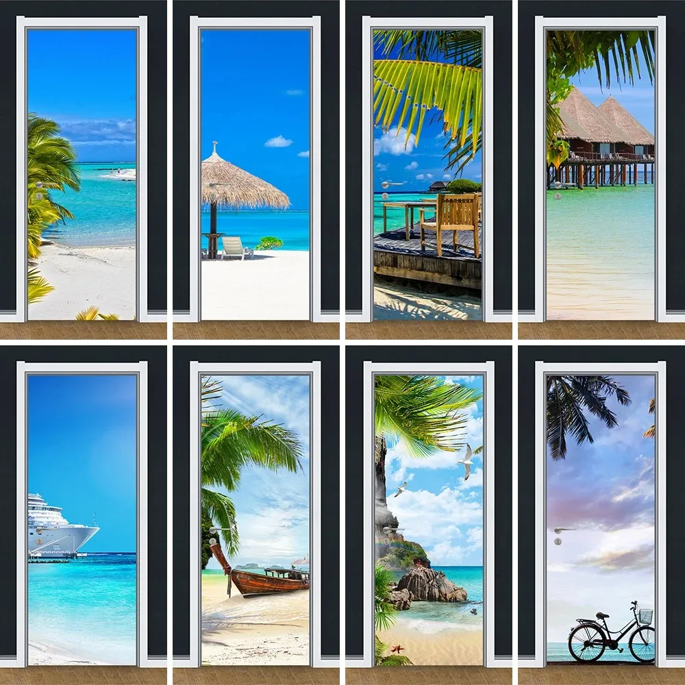 

Summer Beach Sea Landscape Coconut Tree Door Mural Sticker Peel and Stick PVC Removable Door Wallpaper Home Decor Poster