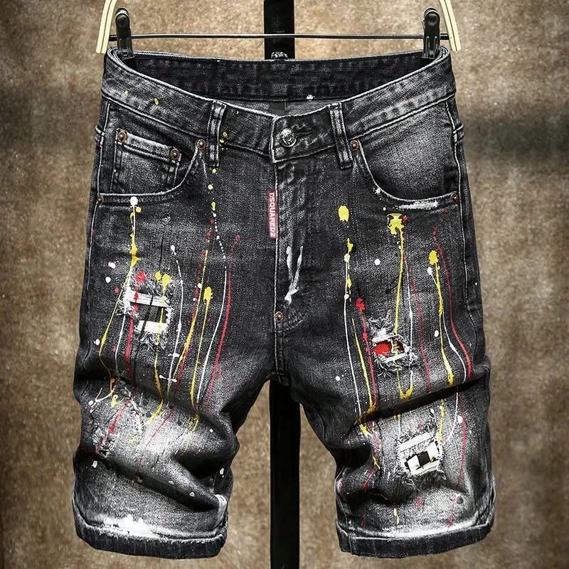 

2023 Quality Brand Style Paint Swing Personality Unruly High Street American Fashion Men's Pants Casual Hole Men's Shorts