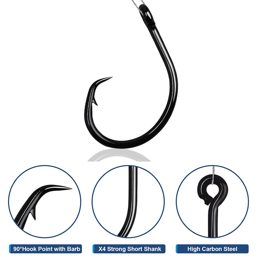 Tuna Circle Hooks 3X Strong Saltwater Fishing Hook Black High Carbon Steel Offset Closed Eye Wide Gap Fishhook for Catfish