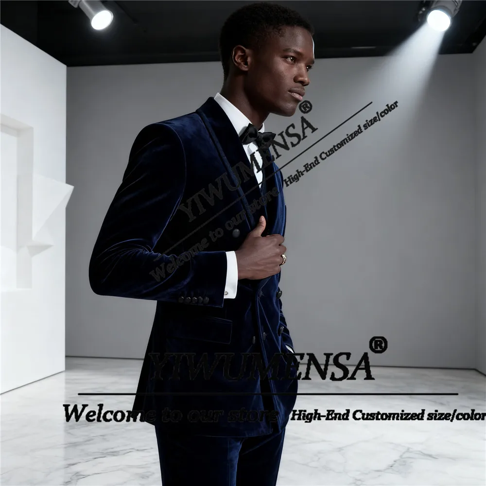 Unique Design Groom Wedding Suit Attire For Men Velvet Double Breaasted Prom Blazers Customized 2 Pieces Man Outfits Tuxedos