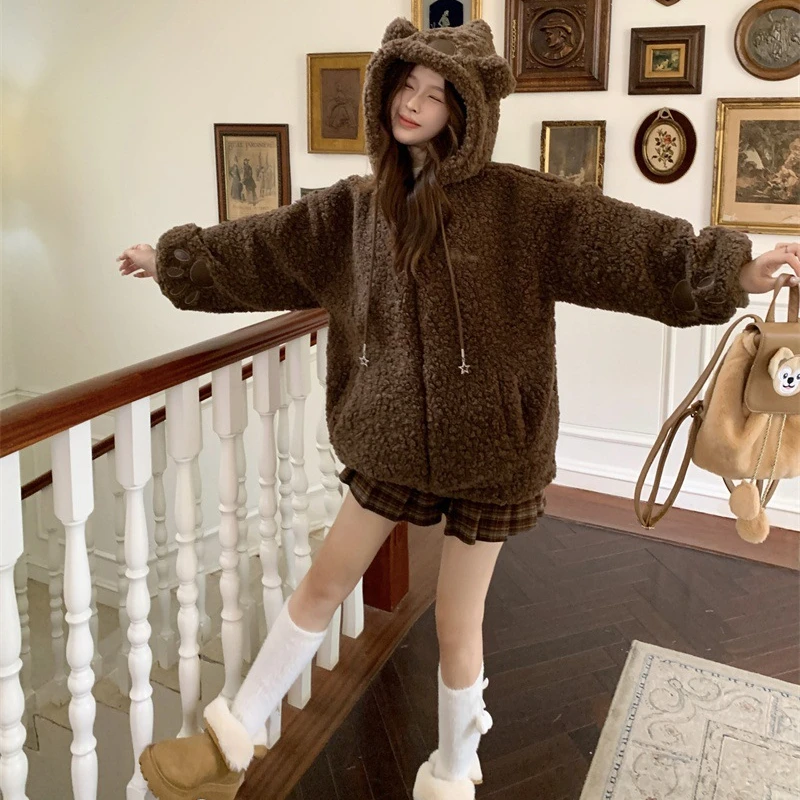 Brown Fleece Flannel Harajuku Loose Casual Warm Hoodies Ladies Coats Autumn Winter Sweet Hooded Women Pullover Female Sweatshirt