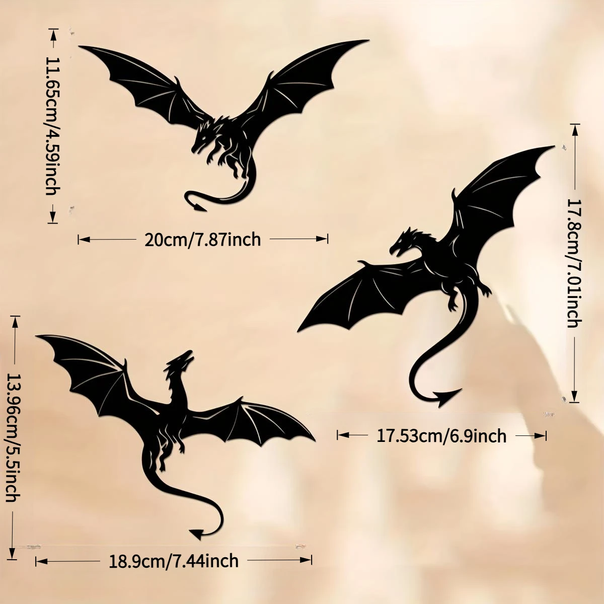 Brand 3Pcs Metal Wall Art Dragon Sculpture 2D Flat Flying Design Indoor Outdoor Home Garden Balcony Decor Elegant Iron