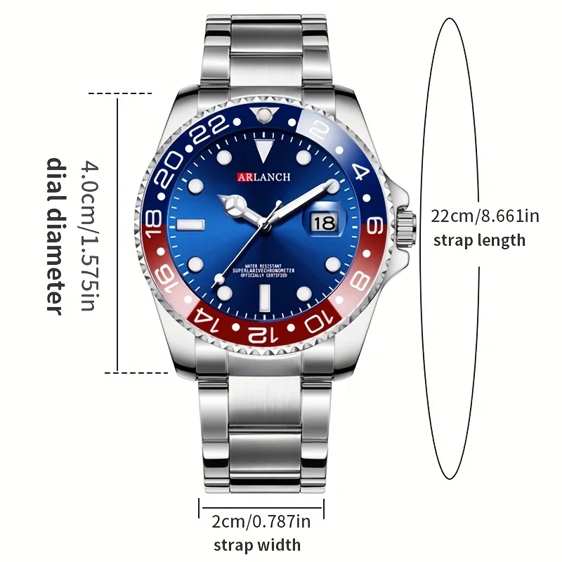 Relógio de Aço Inoxidável 40mm, Estilo Empresarial, Série de Mergulho com Círculo Vermelho e Azul, Relógio de Quartzo com Lente de Aumento e Calendário, montre homme