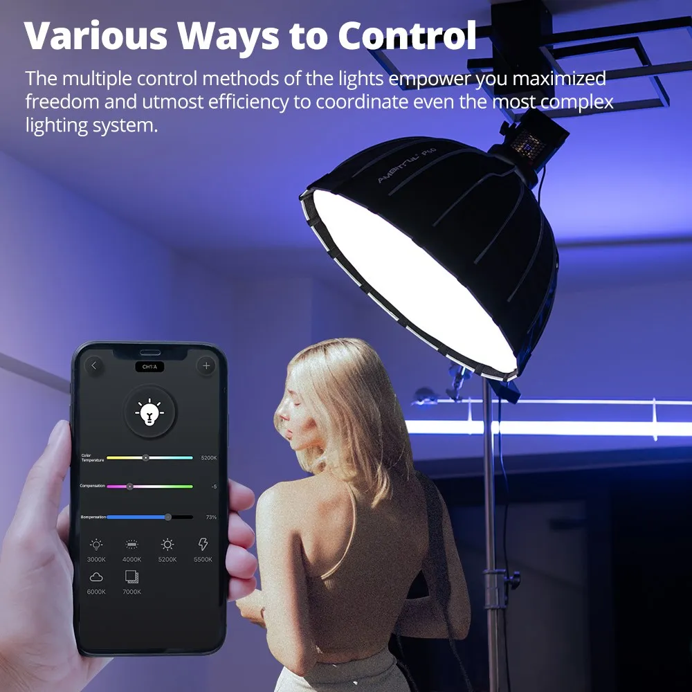 AMBITFUL EF100 COB LED Video Light 5600K CRI 95+ TLCI 95+ LED Continuous Light Bowens Mount Built-in APP Adjust Brightness