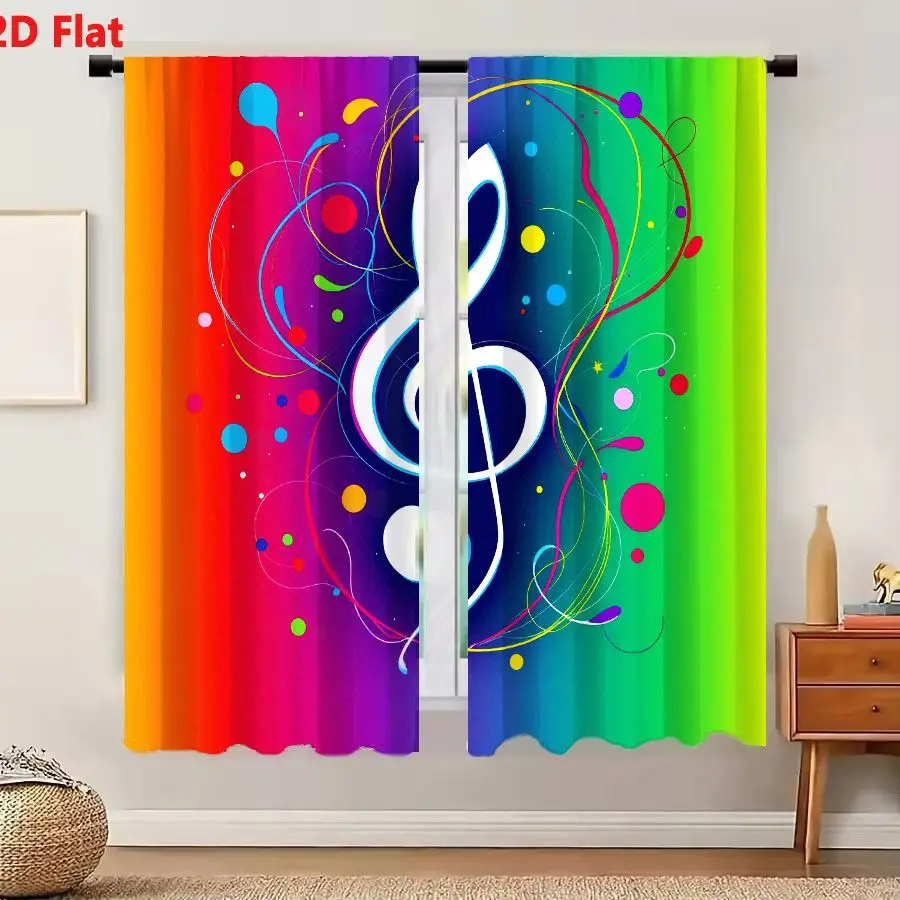 2Pcs Curtains 2D Flat Vibrant Colorful Treble Clef Music Art With Swirling Lines And Dots Window Drapes for Bedroom Room Decor D