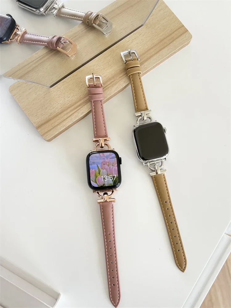 Leather Slim Watchband For Apple Watch Band 49mm 41MM 45MM 40mm 44mm 38mm 42mm Series 8 7 SE 6 5 4 Woman Thin Correa Wrist Strap