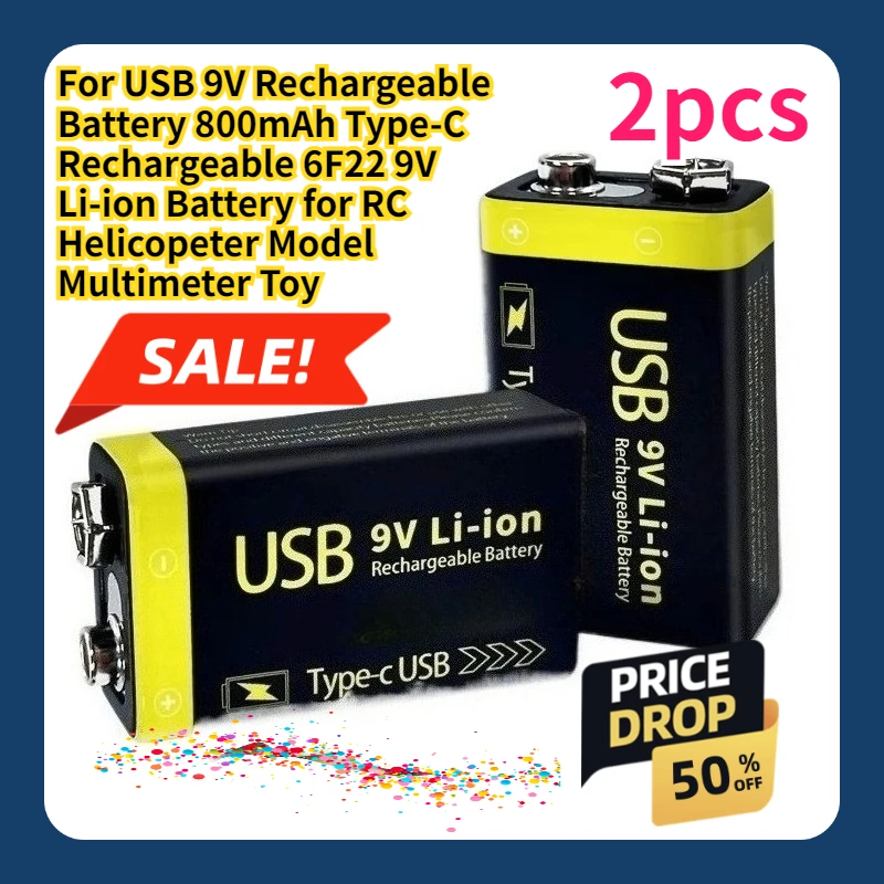 

For USB 9V Rechargeable Battery 800mAh Type-C Rechargeable 6F22 9V Li-ion Battery for RC Helicopeter Model Multimeter Toy 2pcs