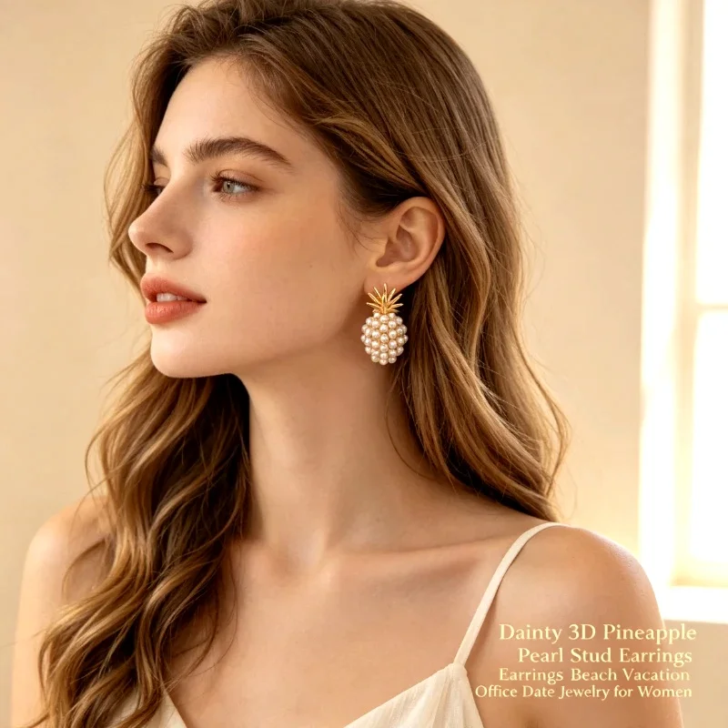 1 par de pendientes de perlas en forma de piña 3D, pendientes de perlas de imitación blancas con parte superior de hoja chapada en oro, joyería elegante e hipoalergénica, regalo para bodas, novias, uso diario, oficina, fiestas de verano, citas nocturnas
