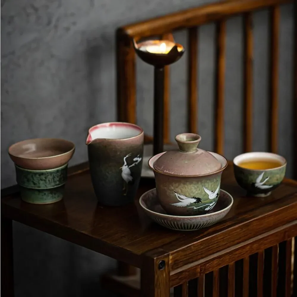 

Large Retro Chinese Kungfu Tea Set Handmade Ceramic Gaiwan Teacup Fair Cup High Quality Handpainted Crane Teaware