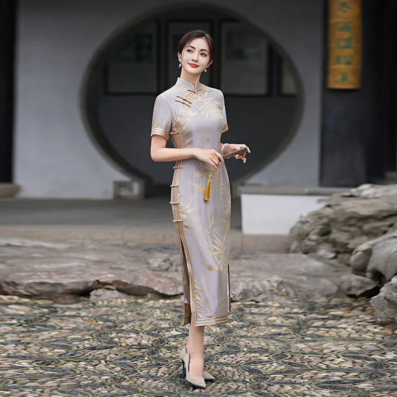 

Silk Improved Chinese Floral Traditional Vintage Modern Cheongsam Qipao Female High-End Suzhou Temperament Long Wholesale