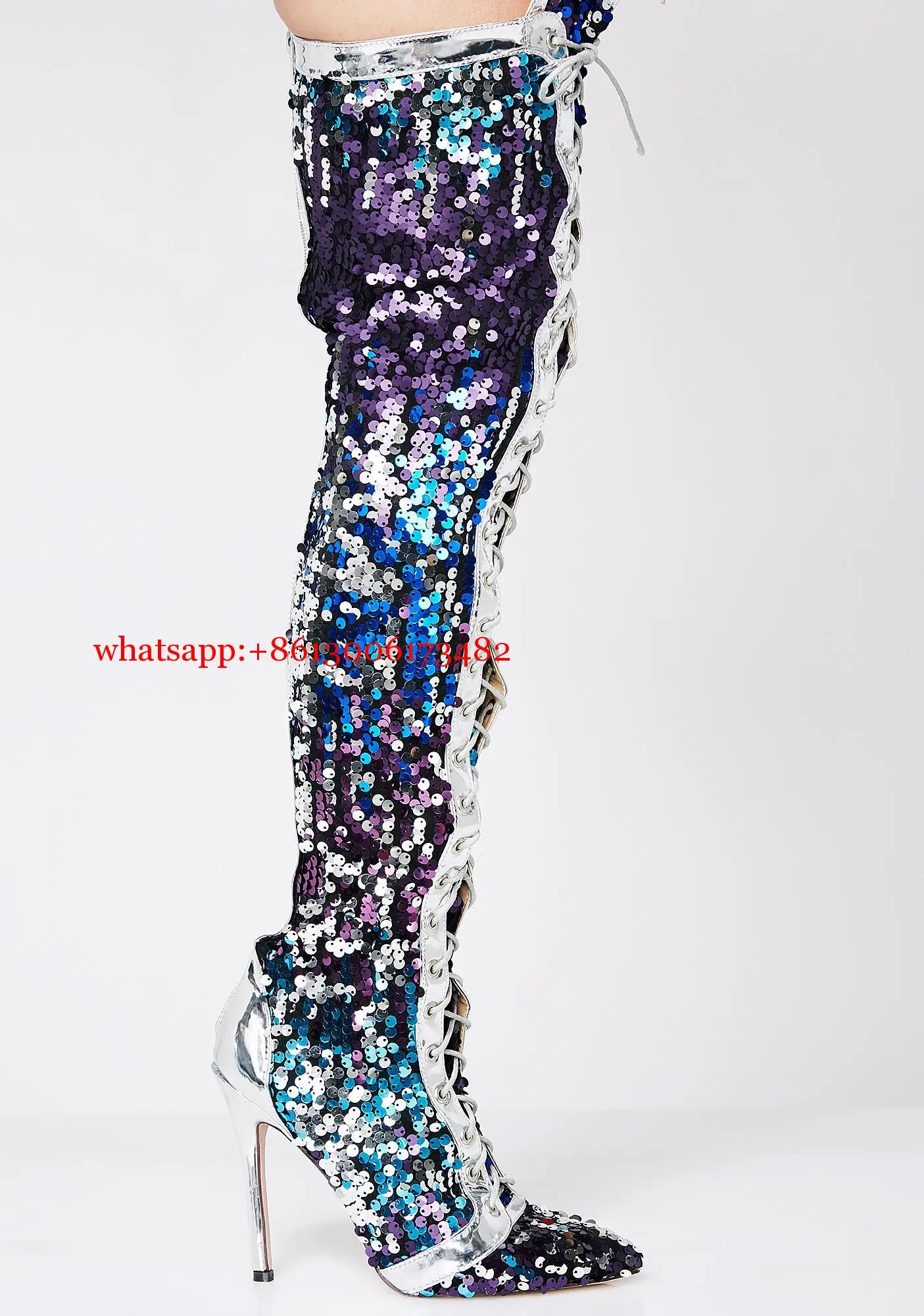 Fashion Design Women Blingbling Sequins Thigh High Boots Sexy Pointed Toe Colorful Sequins Over The Knee Women Boots Plus Size