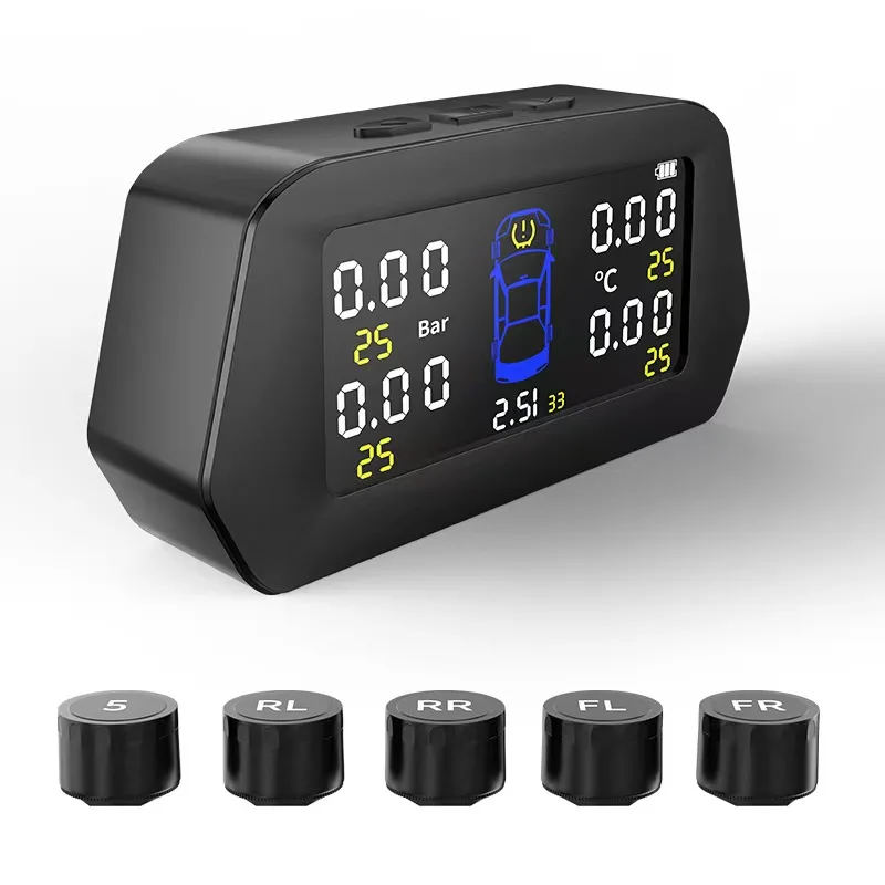 Car TPMS Tire Pressure Monitoring System Solar Charging LCD Display Auto Alarms Wireless External Sensors Spare tire included
