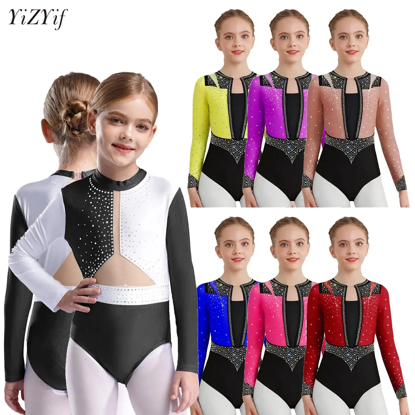 

Kids Girls Shiny Rhinestones Ballet Gymnastics Leotard Long Sleeve Figure Skating Bodysuit Dancewear Stage Performance Costume